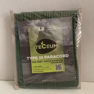 Teceum 550LB type 3 paracord 100 ft. 32 Strand Sheath 7 Core Yarns 4MM thickness